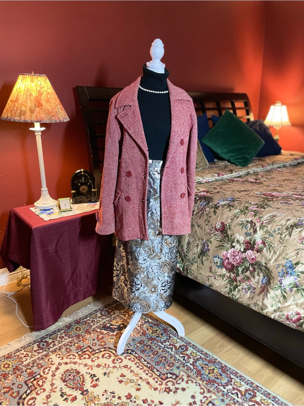 VTG 90s Y2K Delias Red Tweed Pea Coat Wool Blend Double Breasted Jacket Medium